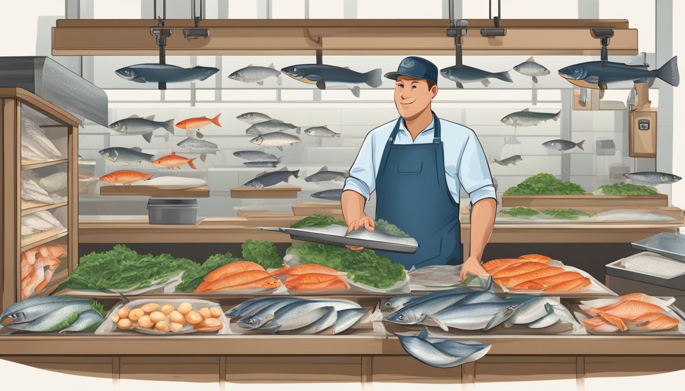 A fishmonger weighs fresh and frozen fish, displaying the weight and price difference. Various storage options are shown for each type of fish