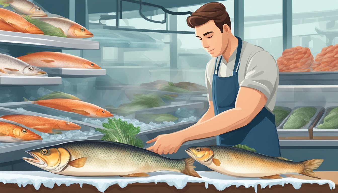 A fishmonger carefully compares a frozen fish to a fresh one, noting the weight difference and considering the implications for spoilage and safety