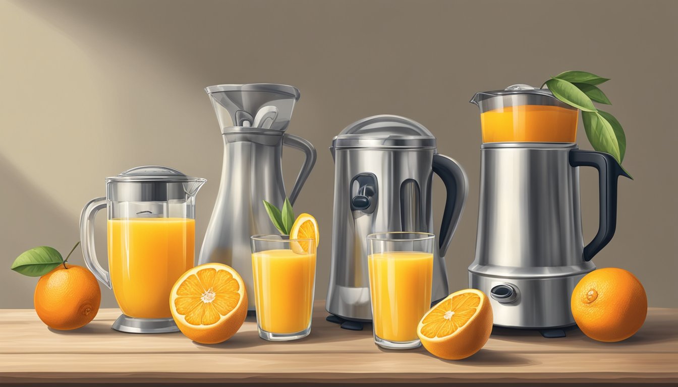 A table with two pitchers, one filled with frozen orange juice and the other with fresh orange juice, surrounded by citrus fruits and a vintage citrus juicer