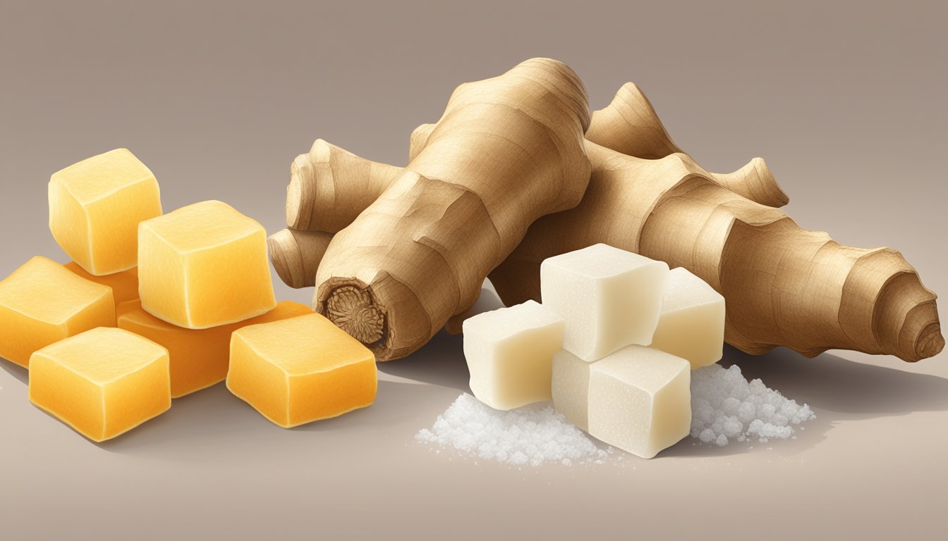 A vibrant ginger root lies beside a pile of frozen ginger cubes, showcasing the comparison of fresh versus frozen ginger for flavor, convenience, and longevity