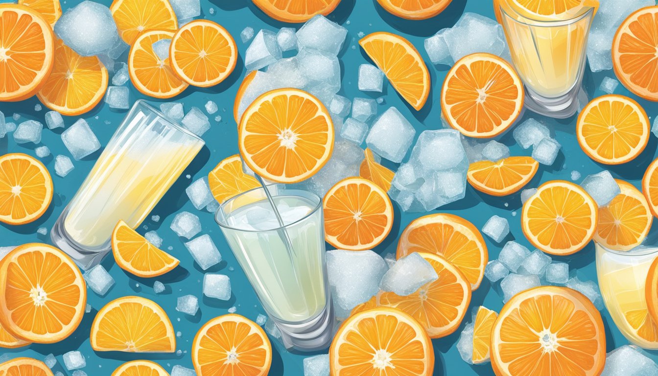 A glass of fresh orange juice sits next to a pile of frozen orange slices. The bright, vibrant colors of the oranges contrast with the icy, translucent texture of the frozen slices