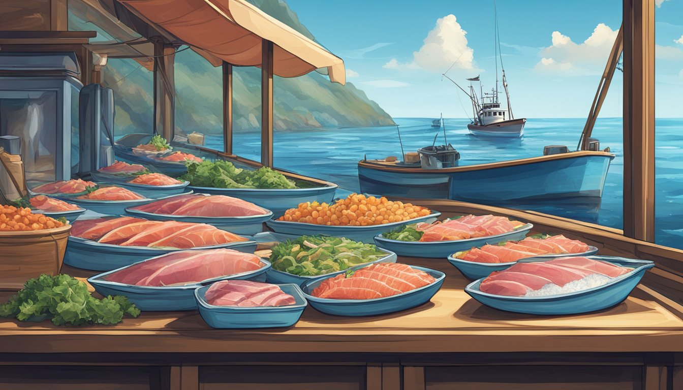 An ocean with a fishing boat on one side and a table with fresh and frozen tuna on the other