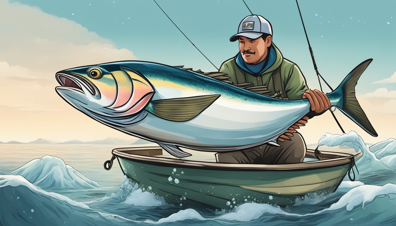 A fisherman holding a frozen tuna next to a fresh tuna being pulled from the ocean onto a boat