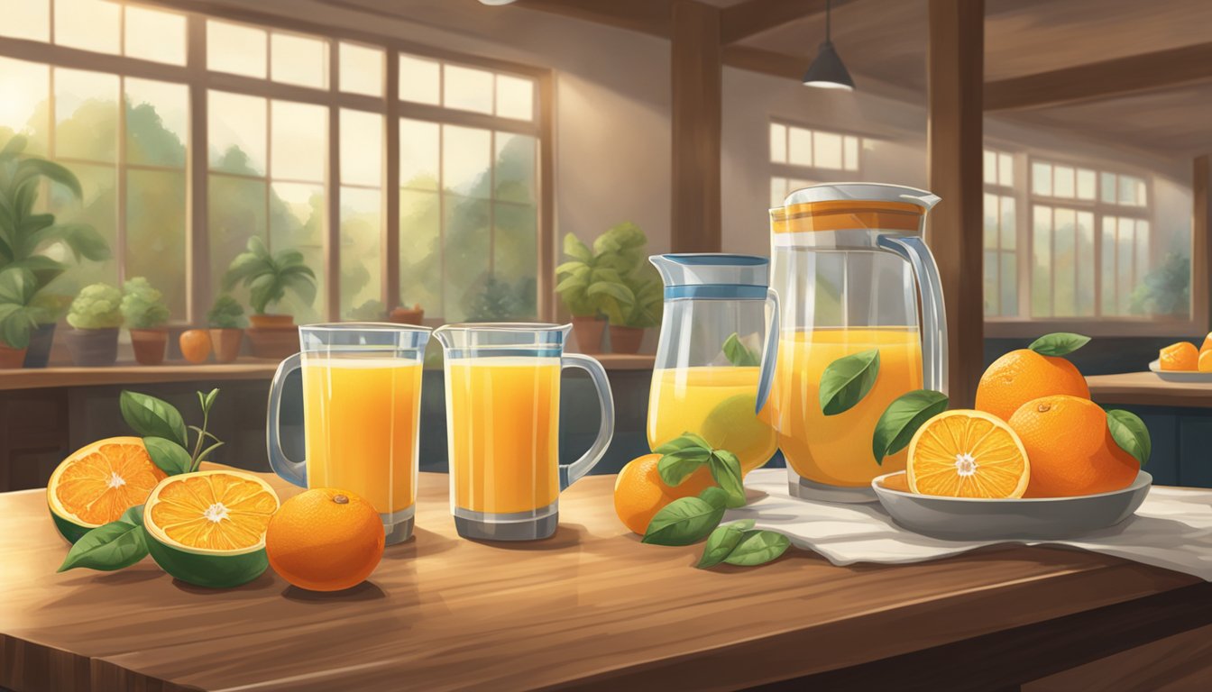 A table with two pitchers, one filled with frozen orange juice and the other with fresh-squeezed orange juice. A sign reads "Citrus Showdown."