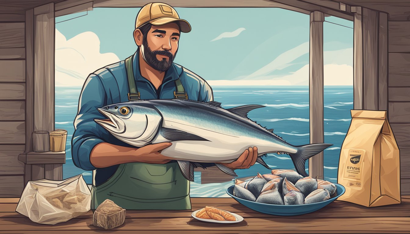 A fisherman holding a freshly caught tuna next to a package of frozen tuna on a wooden table by the ocean