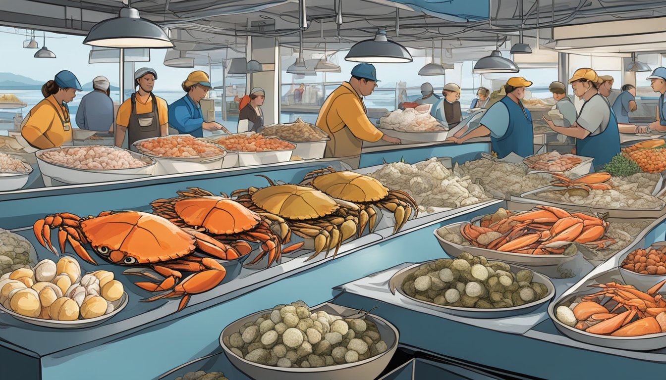 A bustling seafood market with a display of various crab varieties, some fresh and others frozen, showcasing the seasonality and choices for seafood lovers