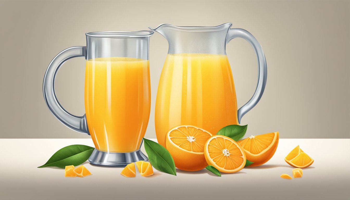 A pitcher of fresh orange juice stands beside a block of frozen orange juice, both surrounded by scattered citrus fruits