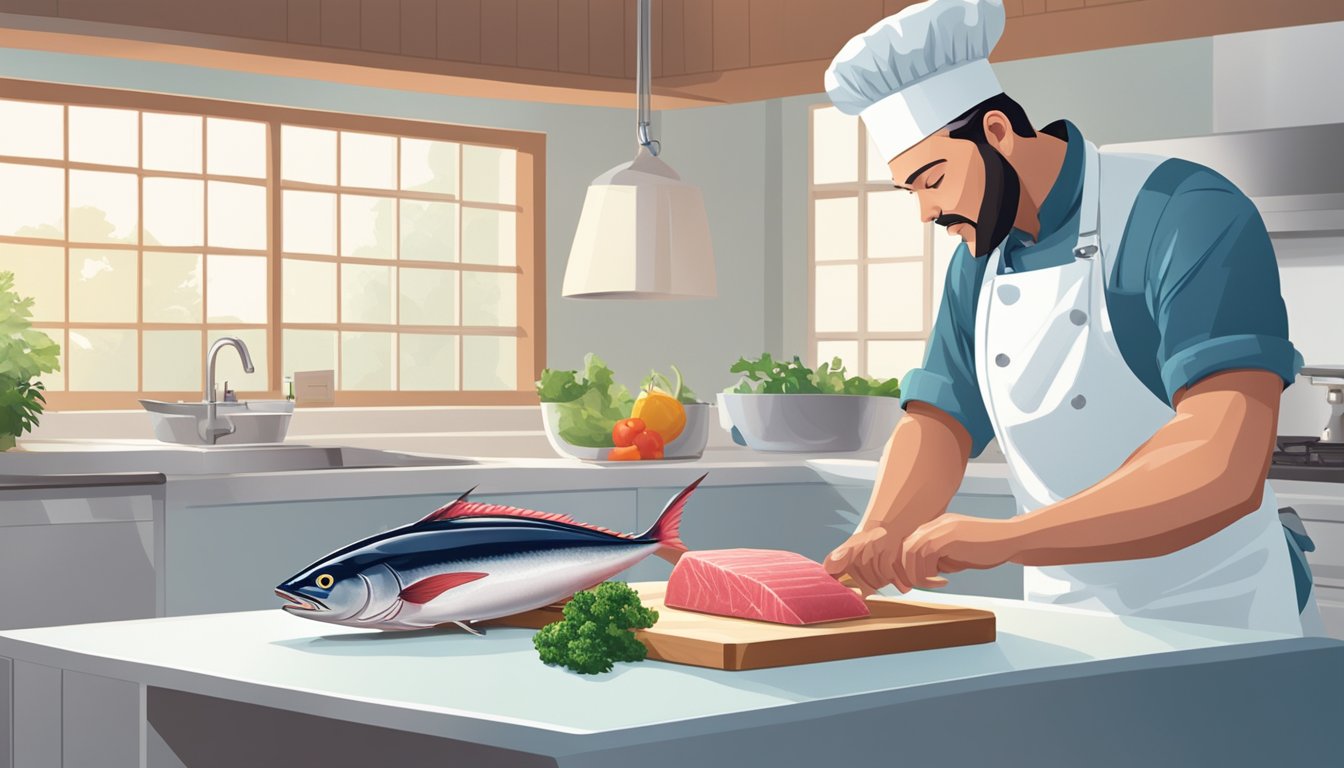 A chef slicing fresh tuna next to a block of frozen tuna on a clean kitchen counter