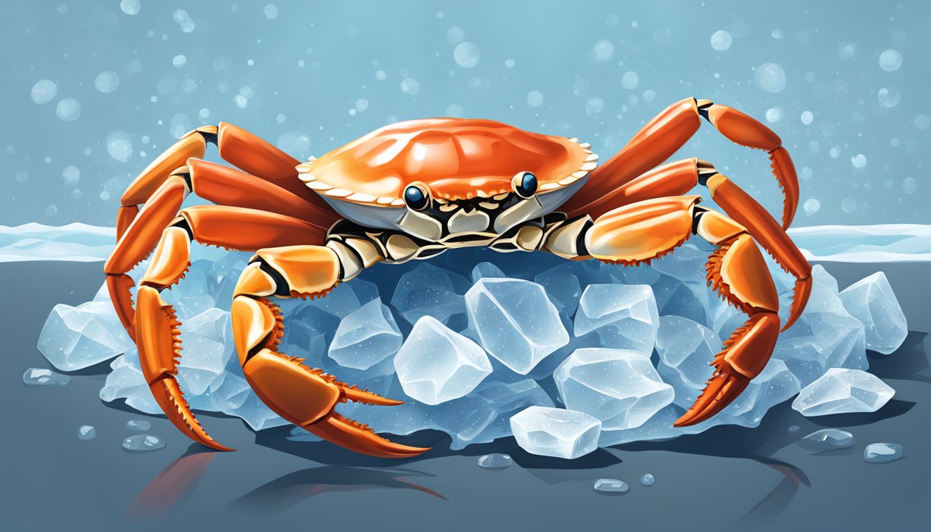 A crab crawling out of a vibrant, open shell next to a pile of icy, frozen crab legs