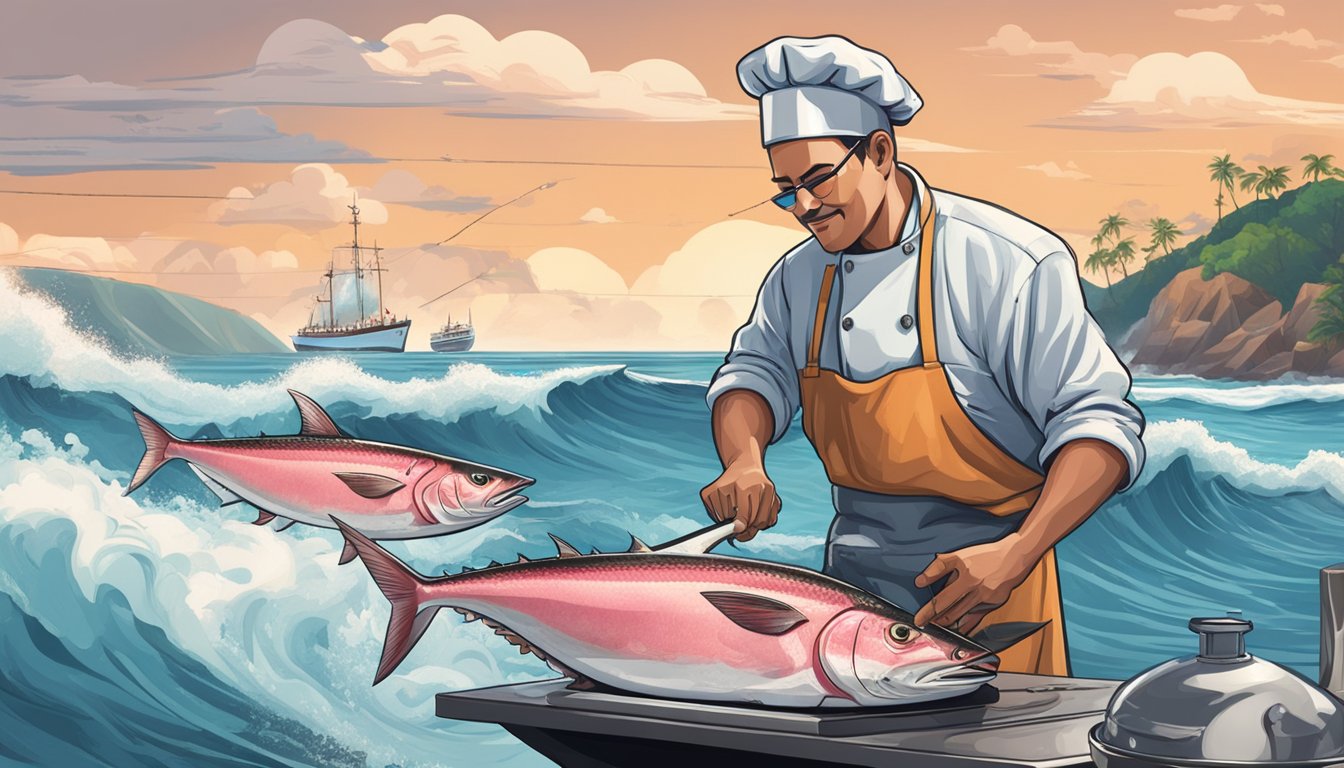 A chef slicing into a fresh tuna steak beside a frozen tuna fillet, surrounded by ocean waves and fishing boats