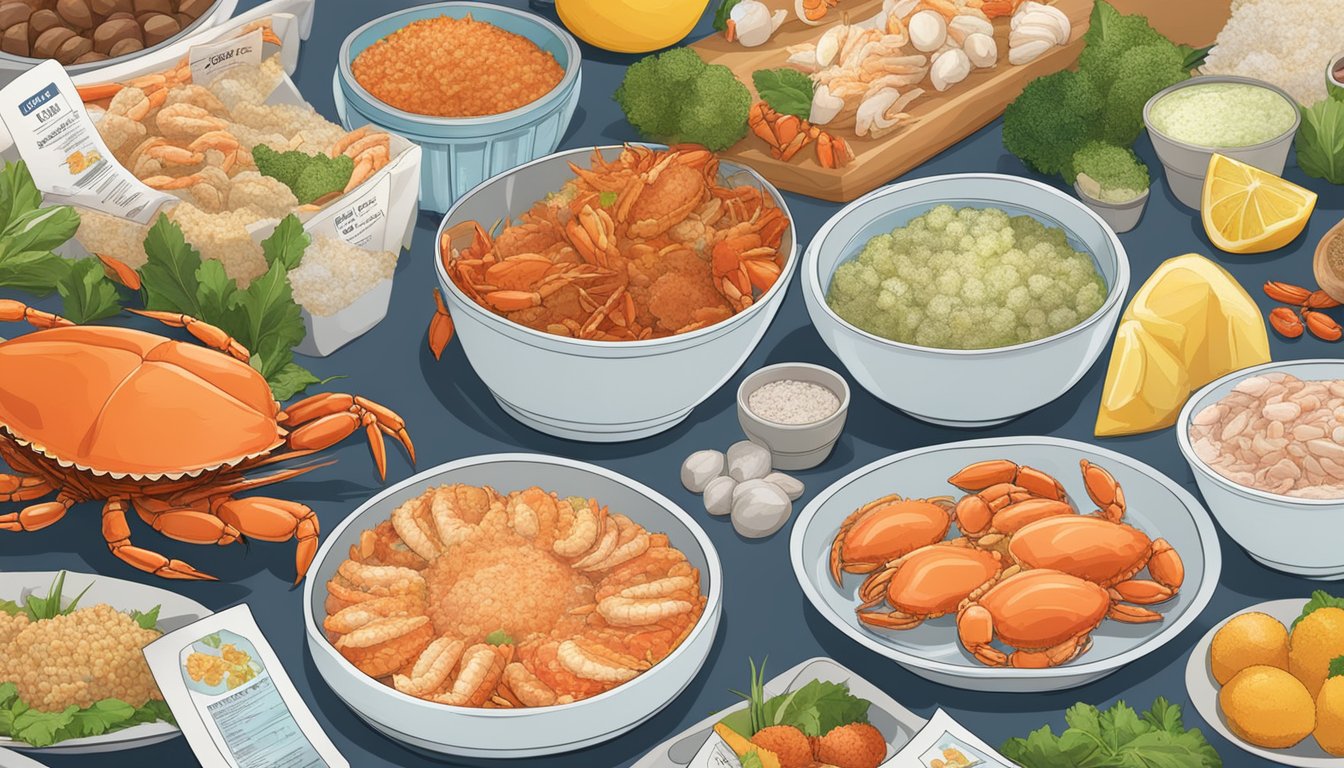 A table with fresh and frozen crab displayed, surrounded by images of healthy food and nutritional facts