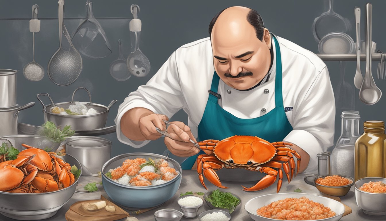 A chef comparing a live crab to a package of frozen crab, surrounded by various cooking utensils and ingredients, with a thoughtful expression on their face