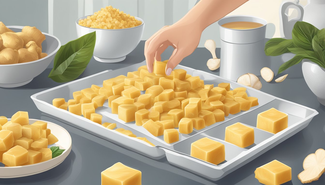 A hand reaching for a tray of frozen ginger cubes next to a pile of fresh ginger, with a pot and various cooking utensils in the background