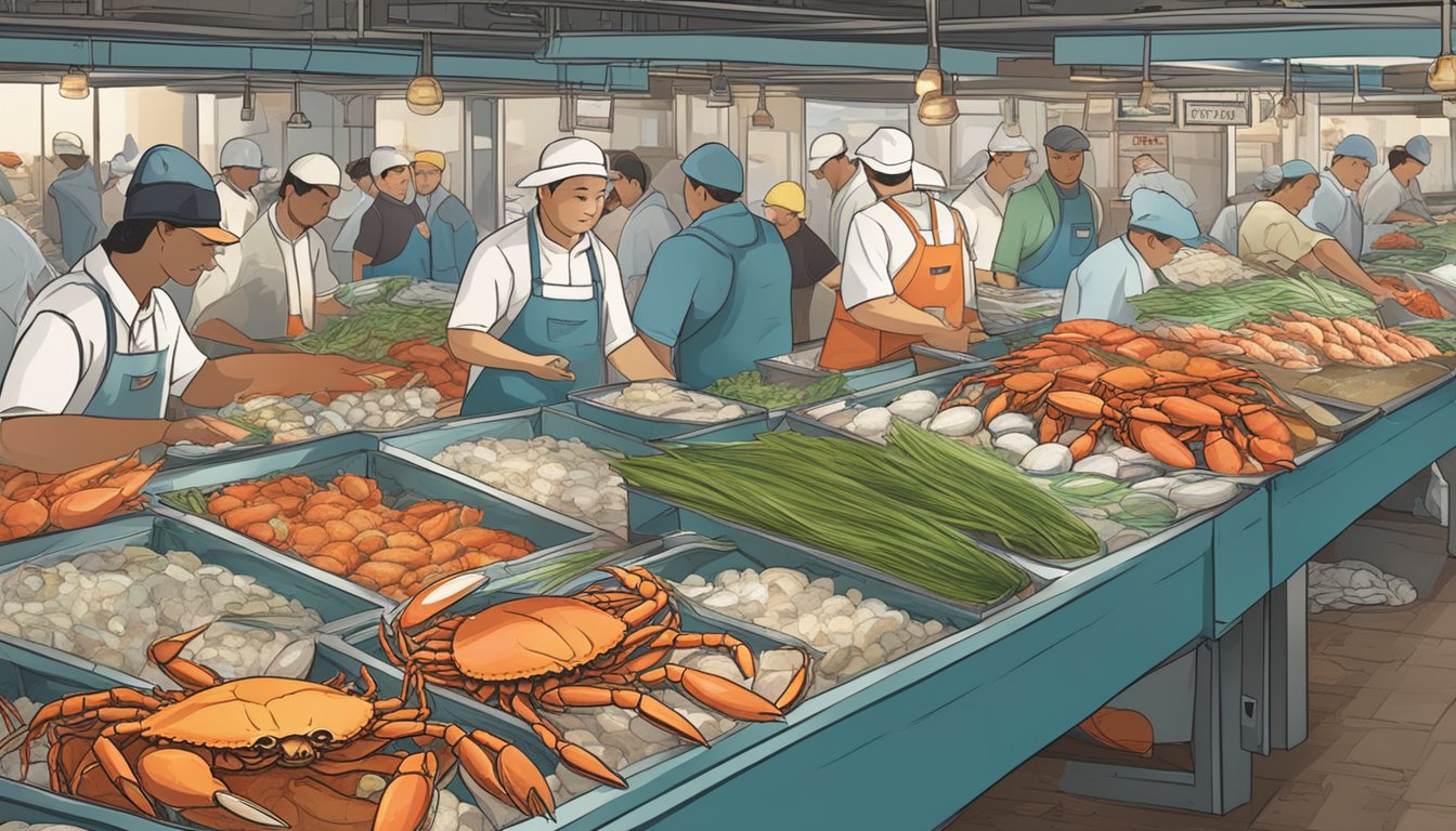 A bustling seafood market with fresh and frozen crab on display, highlighting the choice between environmental and sustainability aspects for seafood lovers