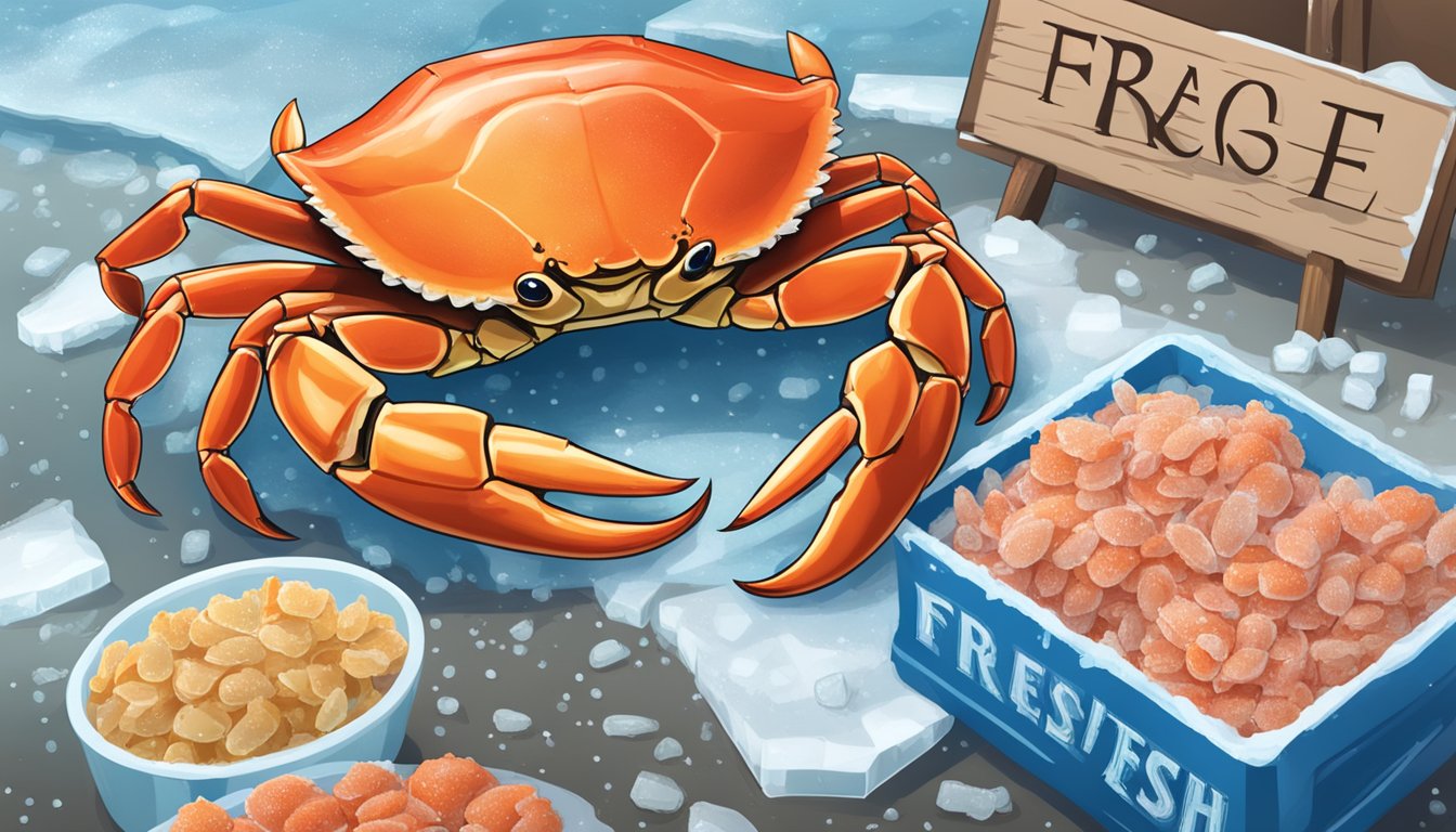 A crab on ice next to a pile of frozen crab, with a sign indicating "fresh vs frozen" seafood options