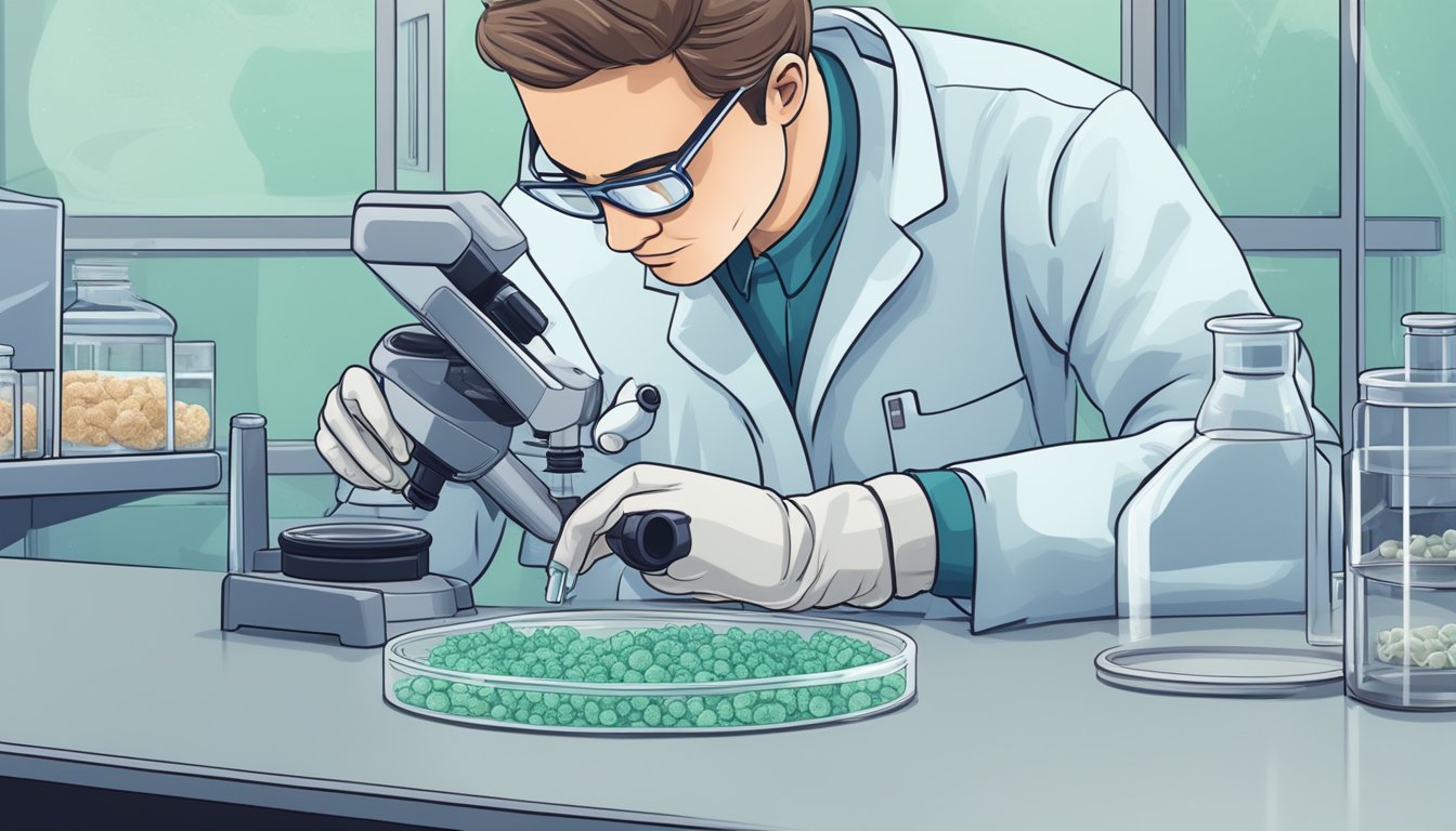 A lab technician carefully examines a petri dish containing frozen and fresh bone marrow samples under a microscope, noting the differences in texture and color