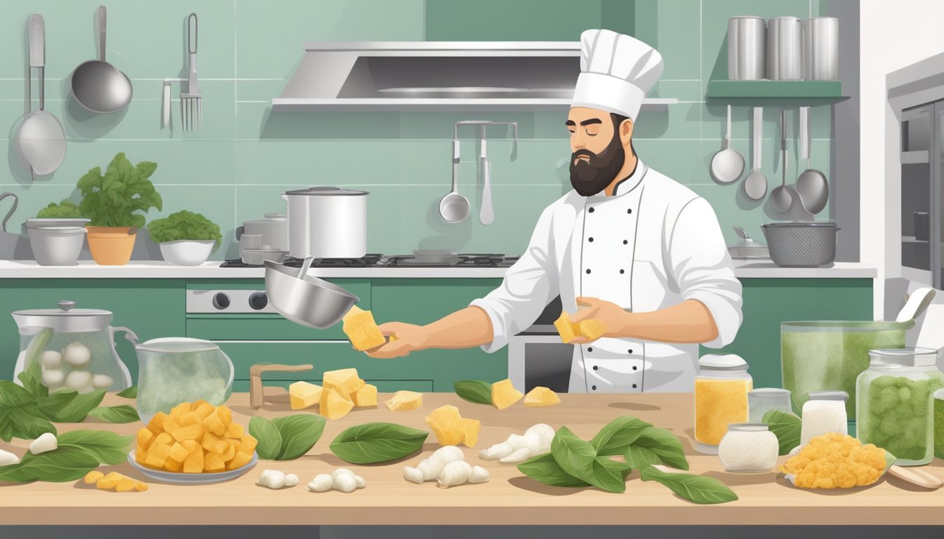 A chef compares fresh ginger root with ginger frozen cubes in a modern kitchen, surrounded by various cooking utensils and ingredients