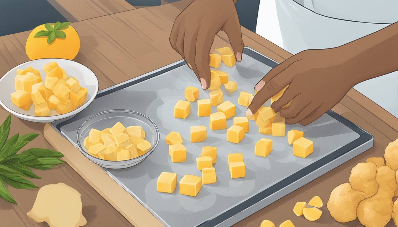 A hand reaching for frozen ginger cubes next to fresh ginger on a cutting board, with various culinary tools in the background