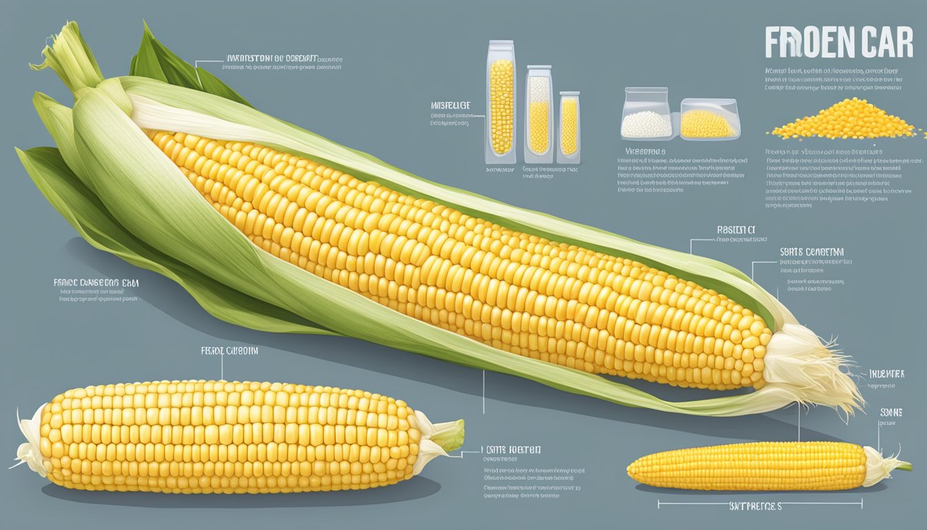 A side-by-side comparison of a frozen and fresh ear of corn, with detailed nutritional information displayed next to each