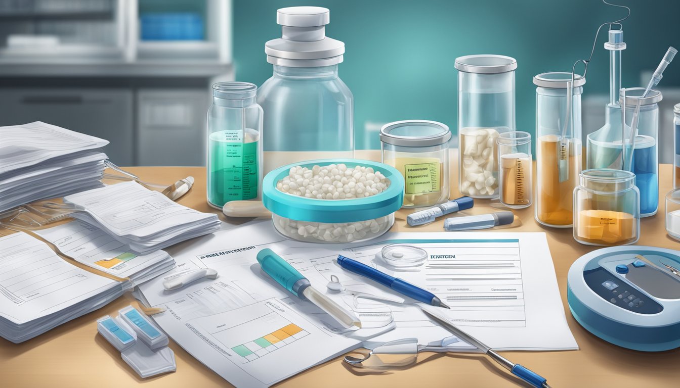 A laboratory table with two containers labeled "frozen" and "fresh" bone marrow, surrounded by medical equipment and research papers