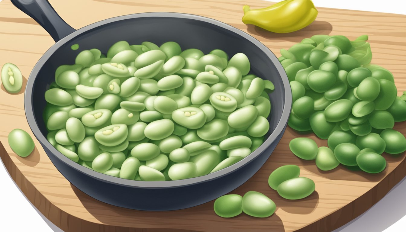 A steaming pot of frozen lima beans faces off against a pile of fresh lima beans on a cutting board, ready for culinary experimentation