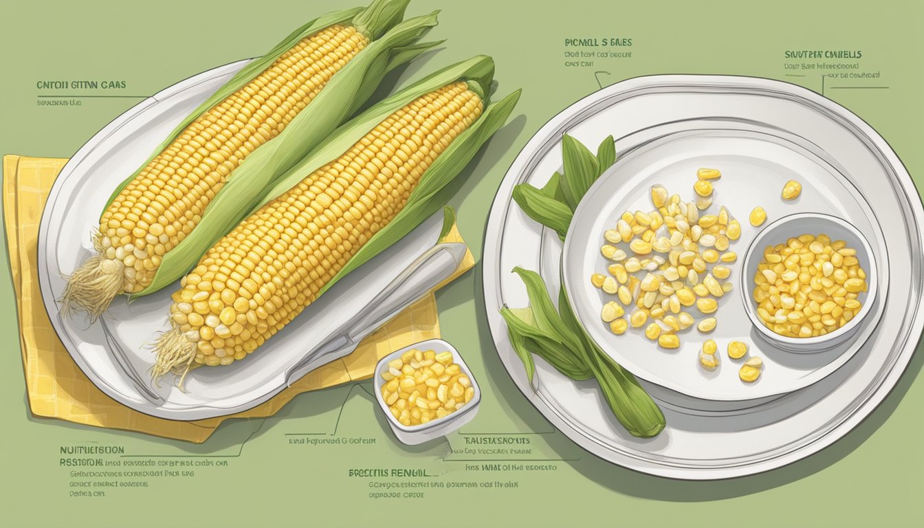 A table with two plates: one with fresh corn on the cob and the other with frozen corn kernels. A nutrition label and a price tag accompany each plate, highlighting the environmental and economic impact of each option