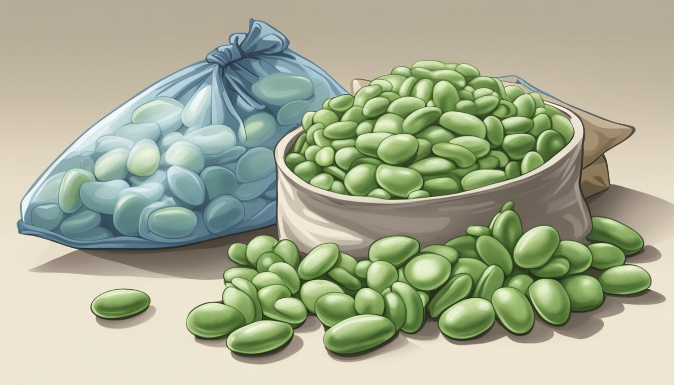 A pile of fresh lima beans sits next to a bag of frozen ones, emphasizing the choice between preparation methods