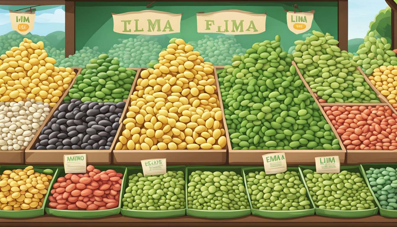 A vibrant market stall displays fresh and frozen lima beans side by side, inviting comparison