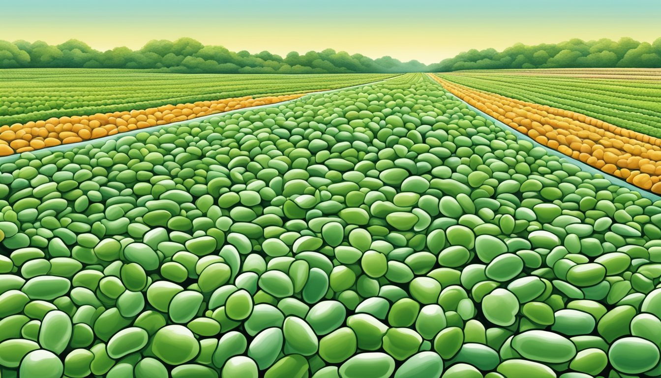 A lush field of lima beans, some fresh and vibrant, others frozen and preserved. The contrast symbolizes the debate between environmental impact and sustainable agriculture