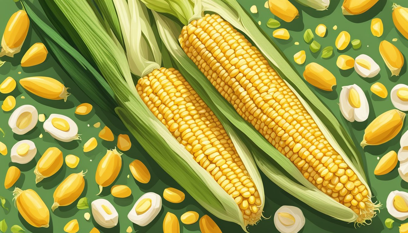 A pile of fresh corn on the cob sits next to a bag of frozen corn kernels, surrounded by vibrant green husks and golden kernels