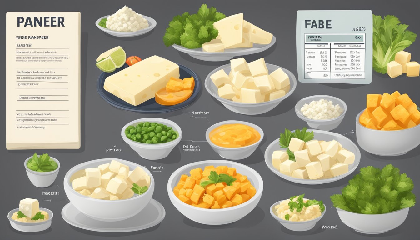 A table with two plates, one with fresh paneer and the other with frozen paneer, surrounded by various healthy ingredients and nutritional information labels