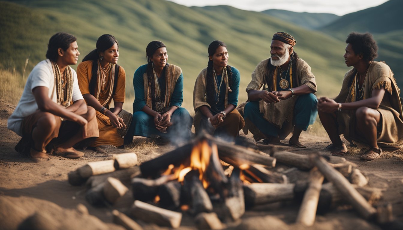 A diverse group of Indigenous people from different continents gather around a communal fire, sharing traditional knowledge and sustainable practices