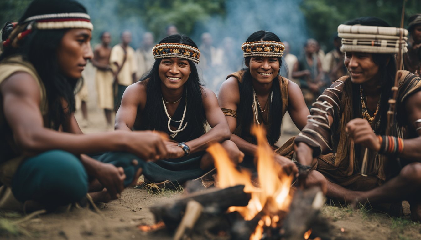 A group of Indigenous people from different continents gather around a central fire, engaging in traditional arts and cultural practices