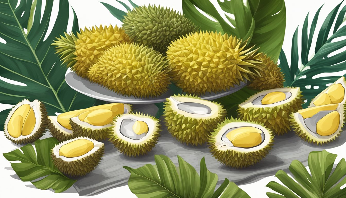 A table with a fresh durian on one side and a pile of frozen durian on the other, surrounded by tropical leaves and flowers