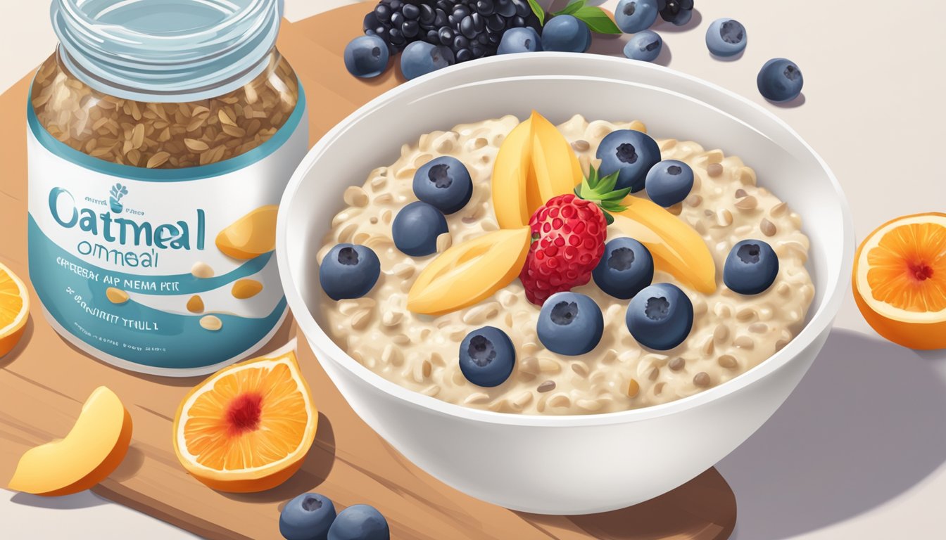 A bowl of creamy oatmeal with a swirl of fresh and frozen fruit, next to a jar of overnight oats