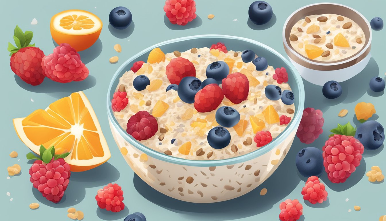 A bowl of overnight oats with a variety of fresh and frozen fruits and mix-ins scattered around, ready to be added to the recipe