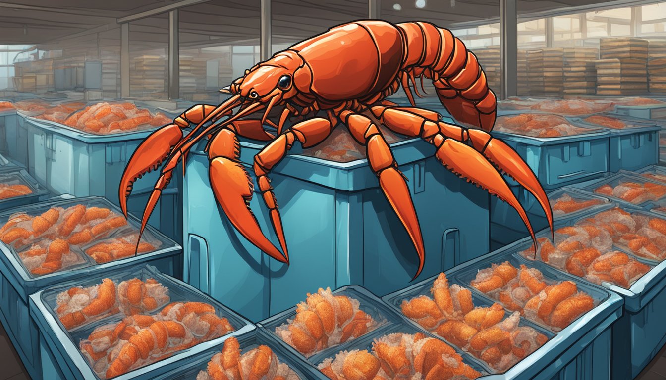 A live lobster crawling out of a tank, surrounded by frozen lobster packages in a seafood market