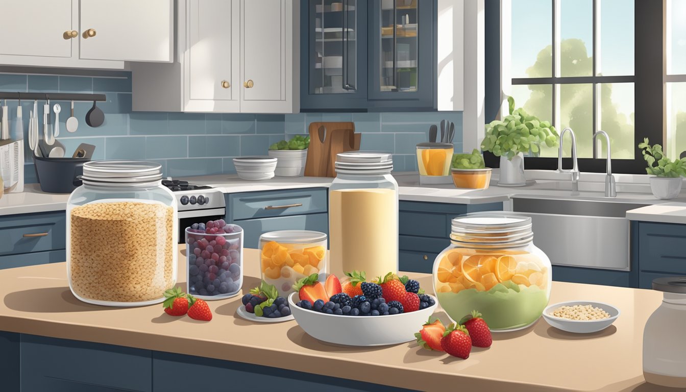 A kitchen counter with a bowl of fresh and frozen fruit, a jar of overnight oats, and various storage containers for meal prep