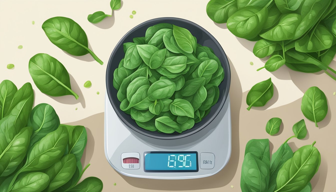 A pile of frozen spinach next to a measuring scale, with fresh spinach leaves on the other side