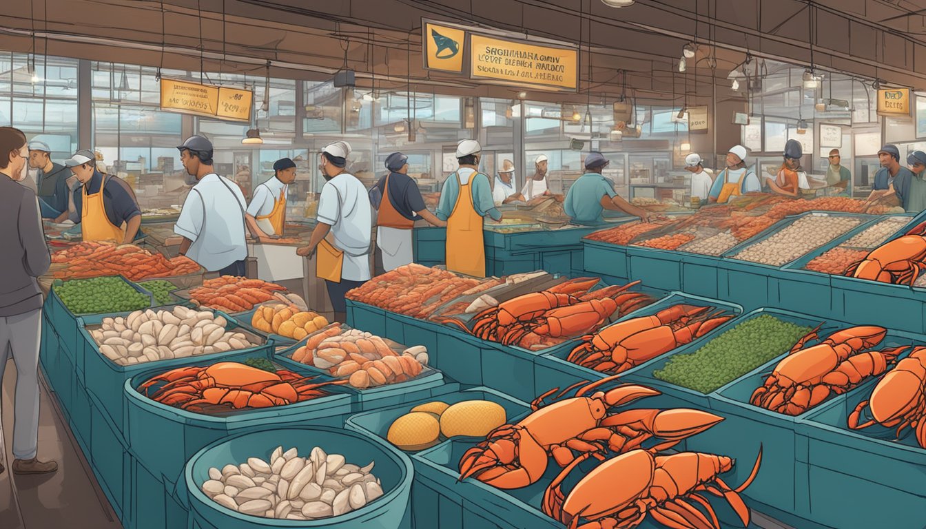 A bustling seafood market with fresh and frozen lobster on display, surrounded by signs promoting sustainability and environmental impact