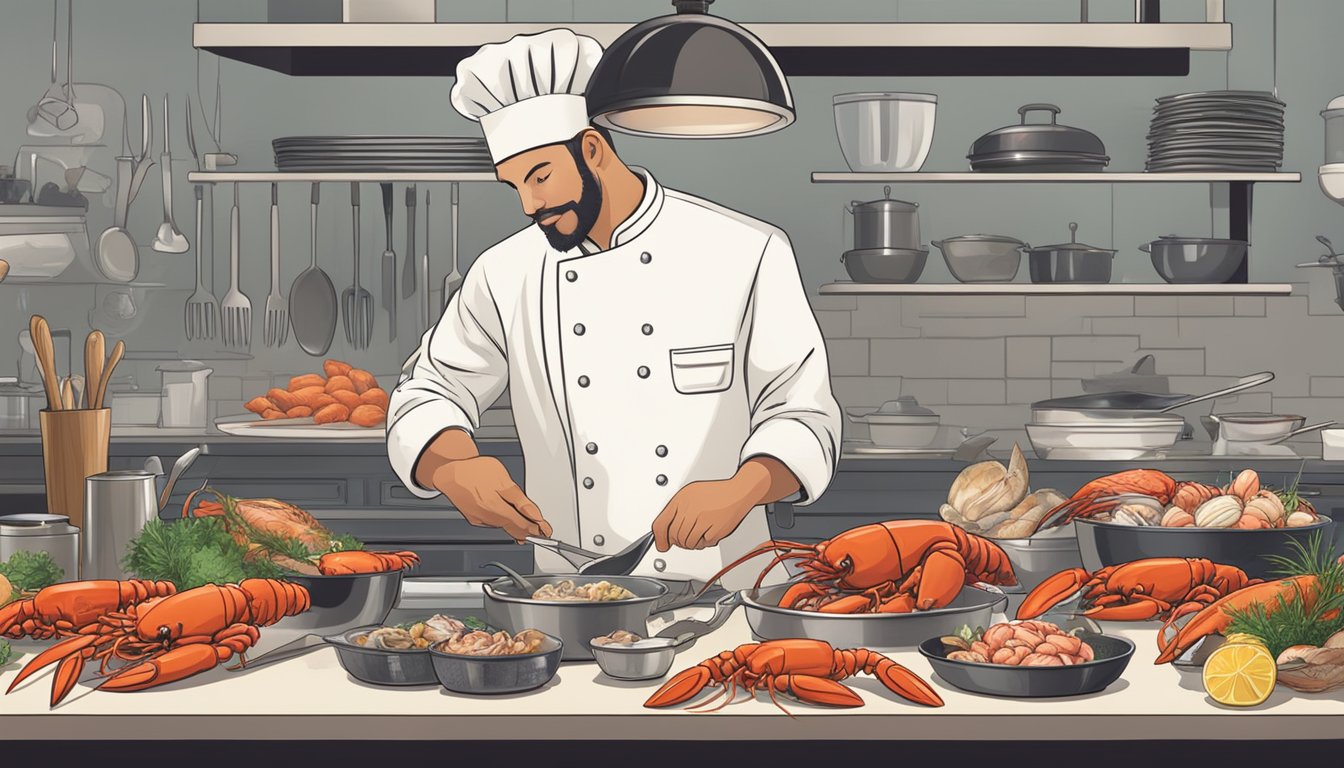 A chef carefully selects between fresh and frozen lobster, surrounded by a variety of seafood and cooking utensils