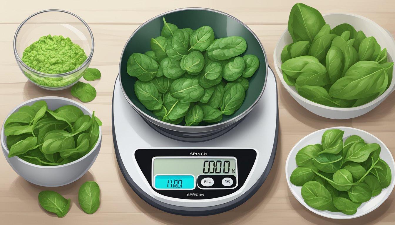 A kitchen scale with a pile of frozen spinach next to a bowl of fresh spinach, with conversion measurements displayed