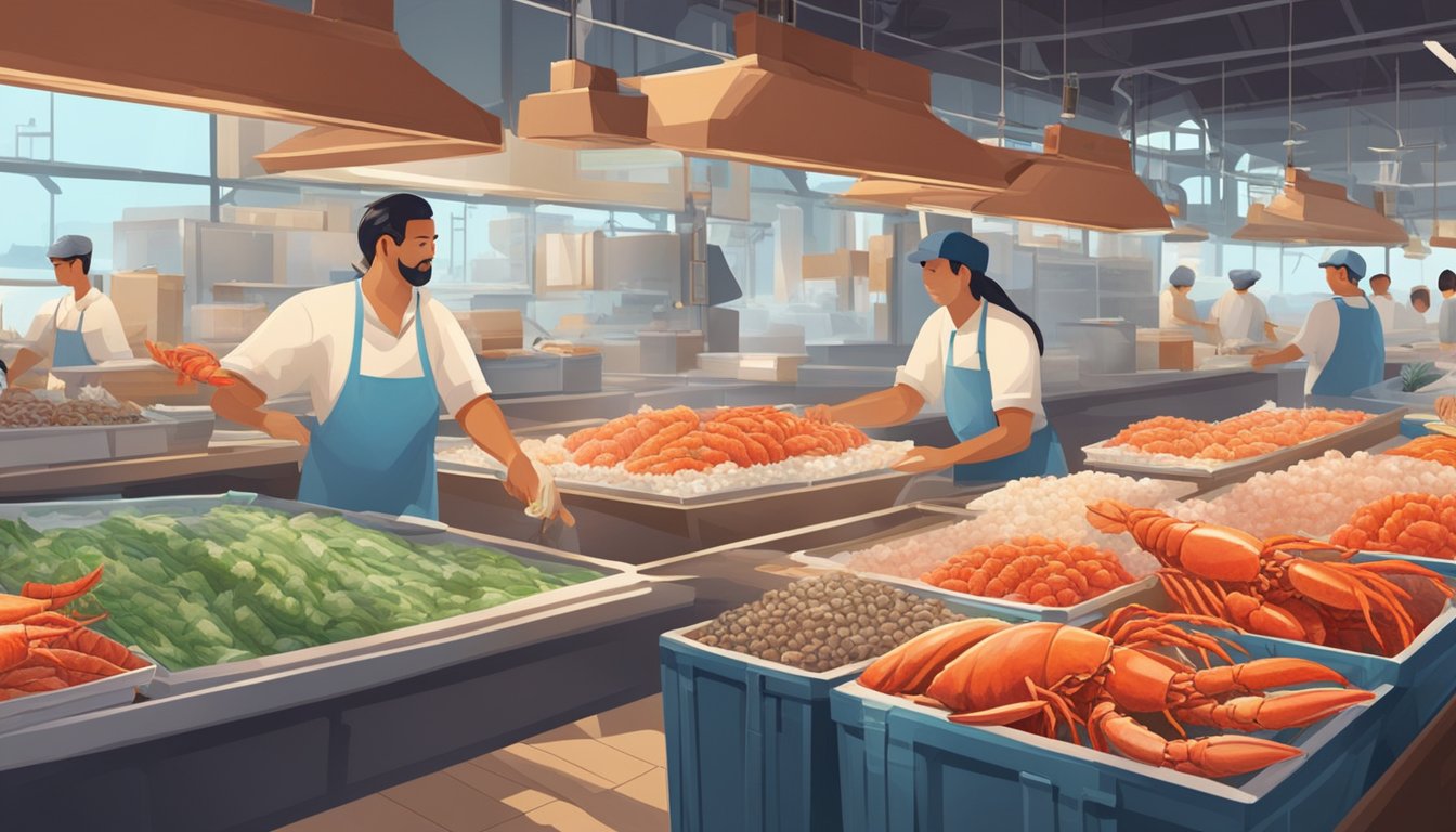 A bustling market with rows of fresh and frozen seafood. A chef examines a live lobster while a customer compares packaging. The aroma of the sea fills the air