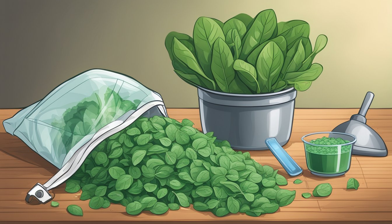 A bag of frozen spinach sits next to a pile of fresh spinach leaves, with a scale and measuring cup nearby for conversion