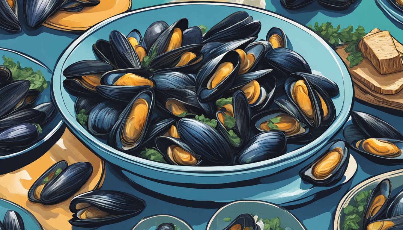 A chef's hand picking fresh mussels from the ocean, while a pile of frozen mussels sits nearby. The vibrant colors and textures of the fresh mussels contrast with the icy, dull appearance of the frozen ones