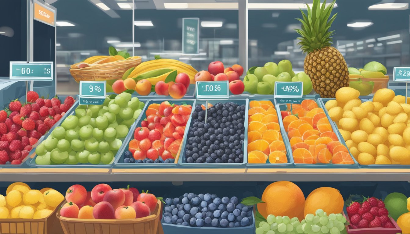 A table with fresh and frozen fruit, price tags visible. A budget-conscious shopper comparing costs