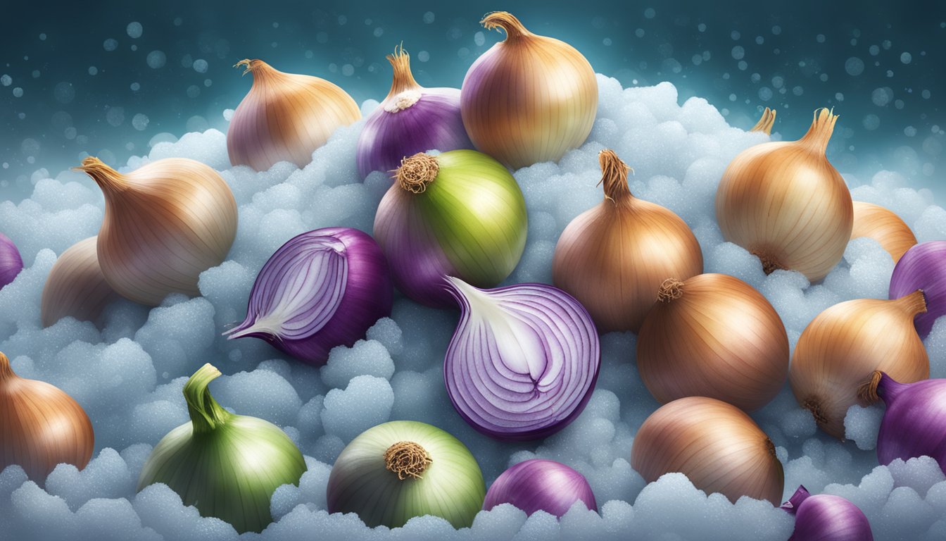 A pile of frozen and fresh onions side by side, with steam rising from the fresh ones and frost covering the frozen ones