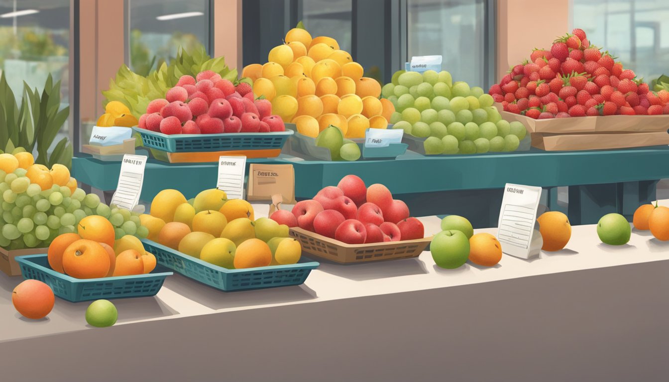 A table with two piles of fruit - one fresh, one frozen. A price tag next to each pile. Budget-conscious shoppers compare prices