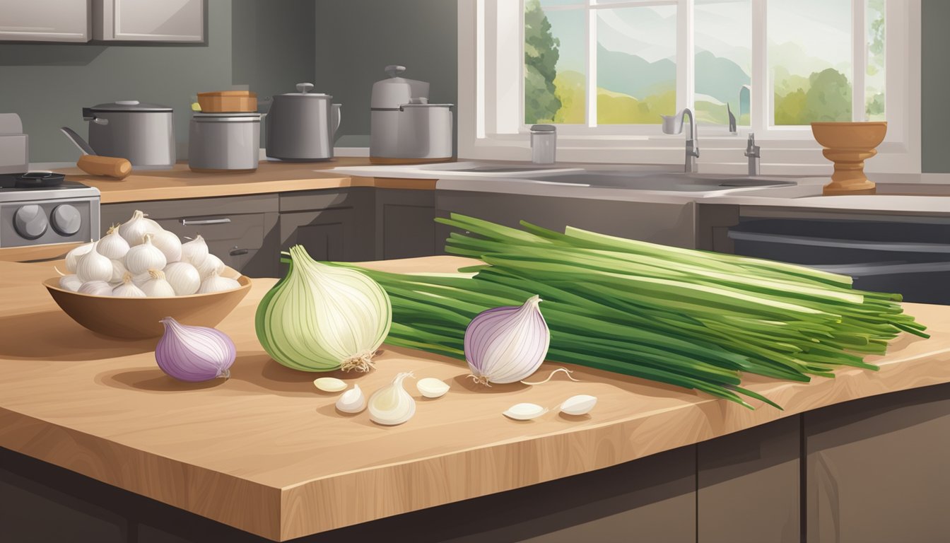 A kitchen counter with a pile of fresh onions on one side and a bag of frozen onions on the other, surrounded by cooking utensils