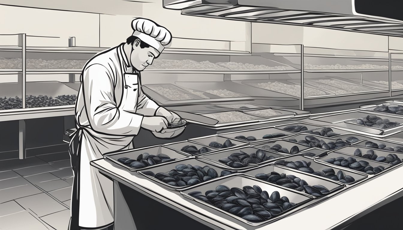 A chef carefully selects fresh mussels, inspecting their shells for quality. Nearby, a freezer displays bags of frozen mussels